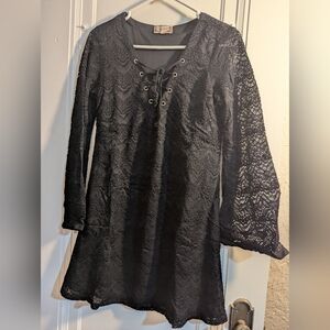 Black Lace-Up Long Sleeve Dress